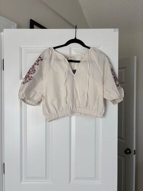 Universal Thread Cream Cropped Peasant Top with Burgundy Sleeve Embroidery